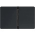 Fully opened black Smead PressGuard report cover displaying the metal side prong fastener centered along the spine.