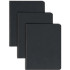 Three black Smead PressGuard report covers stacked in a fan arrangement, showing their smooth pressboard fronts and reinforced spines.