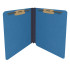 Inside view of royal blue end tab pressboard folder showing two bonded fasteners on front and back covers