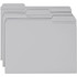 Stack of gray letter size reinforced file folders with 1/3-cut top tabs in assorted positions