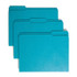 Smead 13134-F13 teal letter size reinforced file folder open flat showing two interior metal fasteners in positions 1 and 3 (not pictured)