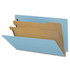 Blue legal-size end tab pressboard classification folder with two 17pt manila dividers and 2-inch expansion, open to show six filing sections and straight-cut end tab.