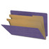 Purple legal-size end tab pressboard classification folder with two 17pt manila dividers and 2-inch expansion, open to show six filing sections and straight-cut end tab