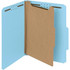 Open blue top tab classification folder with one interior divider and K-style fasteners installed on all filing surfaces