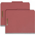 Front and back view of red top tab pressboard classification folders with reinforced expansion spine