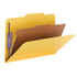 Yellow legal size Smead 18734 SafeSHIELD pressboard classification folder open, showing one interior divider, SafeSHIELD coated fasteners, and top tab design