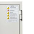 Close-up warning label on Phoenix Battery Commander BSS6103 for lithium-ion battery storage and charging