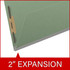 Green pressboard end tab file folder showing 2 inch expansion gusset and fastener detail