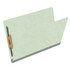 Pale green legal size end tab fastener folder open angle view showing front panel and bonded fastener