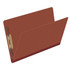 Angled view of red pressboard classification folder with 2 inch expansion and interior fasteners
