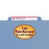 Close-up of a blue classification folder with a reinforced top tab label area for longer-lasting drawer file use.