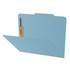 Side view of blue top tab pressboard classification folder with bonded fastener and 2 inch expansion
