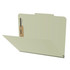 Gray green pressboard top tab classification folder opened to show interior with two bonded fasteners and no divider
