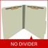 Gray green pressboard top tab classification folder opened to show interior with two bonded fasteners and no divider