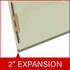 Close-up side view of gray green pressboard top tab classification folder showing 2 inch expansion and bonded fastener
