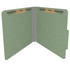 Green pressboard top tab classification folder opened to show interior with two bonded fasteners and no divider