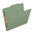 Angled view of green pressboard top tab classification folder with bonded fastener and 2 inch expansion