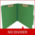 Moss green pressboard top tab classification folder opened to show interior with two bonded fasteners and no divider