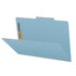 Blue legal size top tab classification folder opened to show interior with two bonded fasteners and no divider