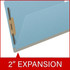 Close-up side view of blue legal size top tab classification folder showing 2 inch expansion and bonded fastener