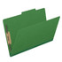 Green legal size top tab classification folder with 2 inch expansion, two fasteners, and no divider, open front view