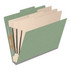 Closed green letter size pressboard top tab classification folder with gray Tyvek expansion