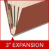 Angled side view of a red letter size top tab classification folder showing three manila dividers and a 3-inch gray Tyvek expansion.