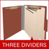 Open red letter size top tab classification folder with three manila dividers, 2-inch bonded fasteners on the covers, and 1-inch fasteners on each divider.
