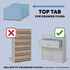 Blue top tab classification folders shown for drawer filing, with a shelf filing unit marked with a red X and a file drawer marked with a green check to show top tab folders are designed for drawers, not shelves.