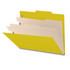Side angle view of an open green letter size top tab classification folder showing three manila dividers and expanding filing sections.