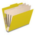 Angled view of a green letter size top tab classification folder with three manila dividers and 3-inch gray Tyvek expansion.