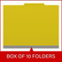 Front view of a green letter size top tab classification folder with 3-inch gray Tyvek expansion, packaged 10 folders per box.