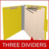 Open green letter size top tab classification folder with three manila dividers, 2-inch bonded fasteners on the covers, and 1-inch fasteners on each divider.