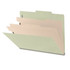 Side angle view of an open green letter size top tab classification folder showing three manila dividers and expanding filing sections.
