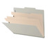 Side angle view of an open grey letter size top tab classification folder showing three manila dividers and expanding filing sections.