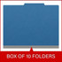 Front view of a royal blue letter size top tab classification folder with 3-inch gray Tyvek expansion, packaged 10 folders per box.