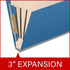 Angled side view of a royal blue letter size top tab classification folder showing three manila dividers and a 3-inch gray Tyvek expansion.