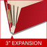 Angled side view of a deep red letter size top tab classification folder showing three manila dividers and a 3-inch gray Tyvek expansion.