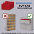 Deep red top tab classification folders shown for drawer filing, with a shelf filing unit marked with a red X and a file drawer marked with a green check to show top tab folders are designed for drawers, not shelves.