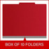 Front view of a deep red letter size top tab classification folder with 3-inch gray Tyvek expansion, packaged 10 folders per box.