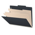 Side angle view of an open black letter size top tab classification folder showing three manila dividers and expanding filing sections.