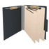 Open black letter size top tab classification folder with three manila dividers, 2-inch bonded fasteners on the front and back panels, and 1-inch fasteners on each divider.