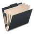 Angled view of a black letter size top tab classification folder with three manila dividers and 3-inch gray Tyvek expansion.