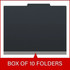 Front view of a black letter size top tab classification folder with 3-inch gray Tyvek expansion, packaged 10 folders per box.