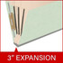 Angled side view of a pale green letter size top tab classification folder showing three manila dividers and a 3-inch gray Tyvek expansion.