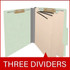 Open pale green letter size top tab classification folder with three manila dividers, 2-inch bonded fasteners on the covers, and 1-inch fasteners on each divider.