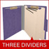 Open purple letter size top tab classification folder with three manila dividers, 2-inch bonded fasteners on the covers, and 1-inch fasteners on each divider.