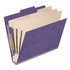 Angled view of a purple letter size top tab classification folder with three manila dividers and 3-inch gray Tyvek expansion.