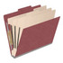 Angled view of a dark red letter size top tab classification folder with three manila dividers and 3-inch gray Tyvek expansion.