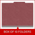 Front view of a dark red letter size top tab classification folder with 3-inch gray Tyvek expansion, packaged 10 folders per box.